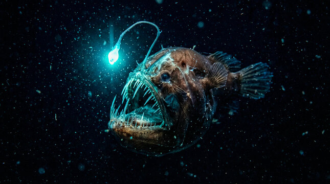 Rape abisal bioluminiscente en la oscuridad total del abismo con su se&ntilde;uelo brillando en azul-verde, piel transl&uacute;cida y nieve marina flotando.
