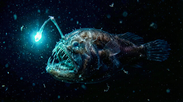 Rape abisal bioluminiscente en la oscuridad total del abismo con su se&ntilde;uelo brillando en azul-verde, piel transl&uacute;cida y nieve marina flotando.
