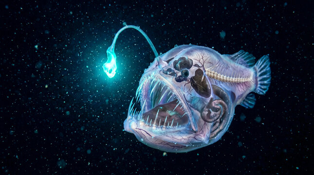 Rape abisal bioluminiscente en la oscuridad total del abismo con su se&ntilde;uelo brillando en azul-verde, piel transl&uacute;cida y nieve marina flotando.
