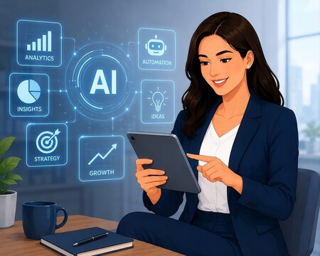 Businesswoman Using AI Technology on Tablet for Data Analytics, Automation, Business Growth and Digital Transformation Illustration
