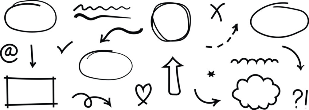 Hand drawn black ink doodle including arrows, circles, rectangles, checkmarks, hearts, and question marks on white background