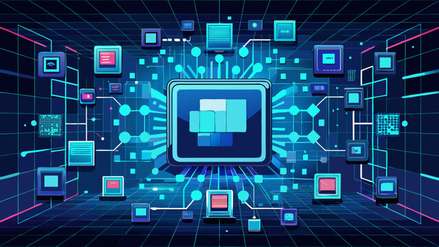 Futuristic data network grid with central processor chip and peripheral digital interfaces technology processor communication infrastructure connection information computing electronic