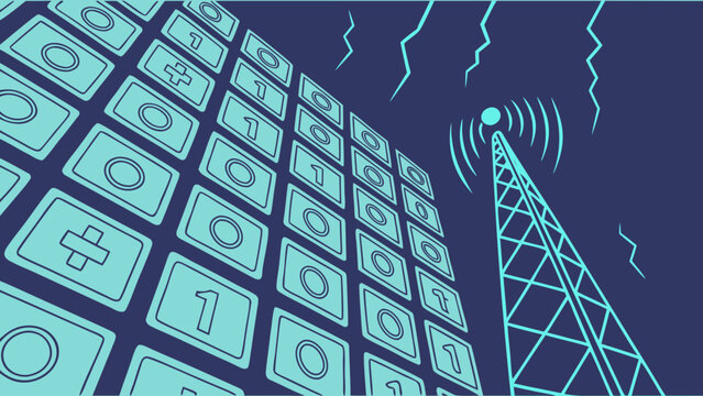Broadcasting communication tower with digital binary code transmission background broadcasting communication transmission technology connection internet wireless telecommunication information