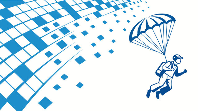Abstract parachutist descending into a digital pixelated grid concept illustration with parachutist skydiving adventure technology abstract illustration contrast connection navigation
