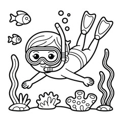 Obraz premium Child Snorkeling Underwater Line Art Illustration