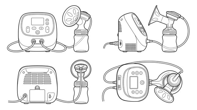 Electric breast pumps childcare medical equipment technical drawing blueprint with front side back and side views CAD line art vector illustration