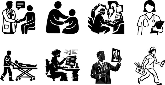 Medical icons and black silhouettes set featuring healthcare professionals robot surgery doctor consultation xray analysis emergency response patient care