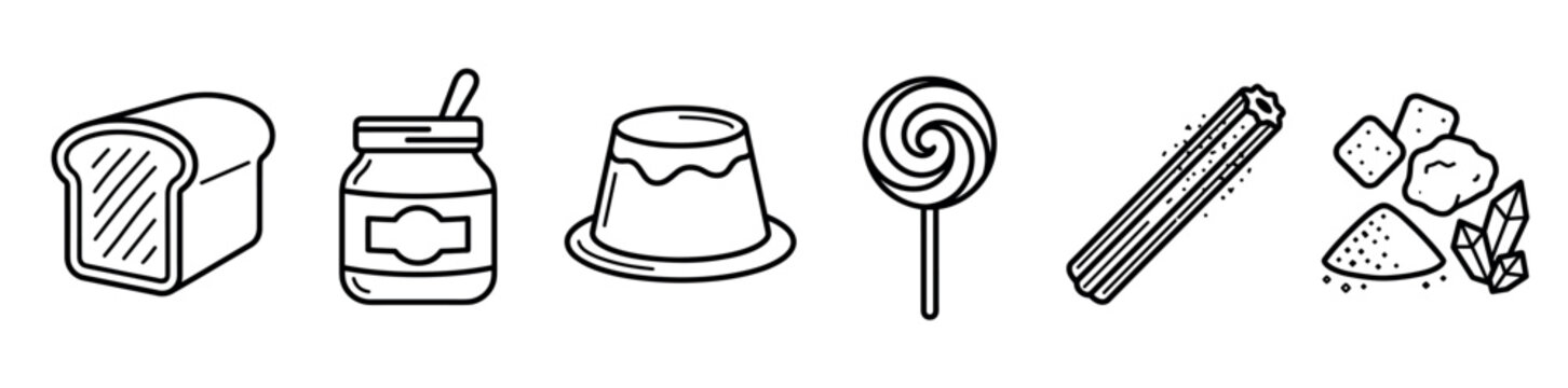 Bread jam jar pudding lollipop churro sugar icons set featuring various food and dessert items in a clean black and white line art style for graphic design projects