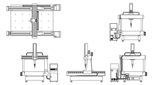 Coordinate measuring machines industrial inspection equipment technical drawing blueprint with front side back and top views CAD line art vector illustration