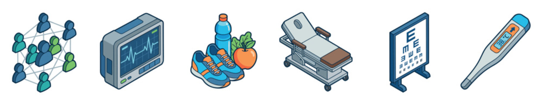 Medical and healthcare isometric icon set including a heart rate monitor, sneakers with an apple, a hospital stretcher, an eye exam chart, a digital thermometer, and a social network