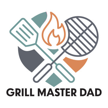 Barbecue grill master dad vector illustration featuring crossed spatula, grill grate, and flame. Perfect for Father's Day t-shirt designs and cards.
