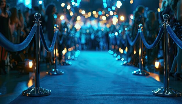 Blue carpet lined with velvet ropes leading to a blurred crowd under festive lights