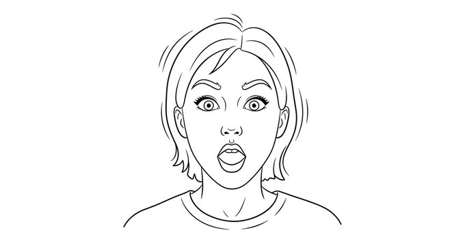 Line art illustration of a surprised or shocked young woman with surprised expression realization portrait illustration reaction surprise disbelief startled monochrome minimalist headshot
