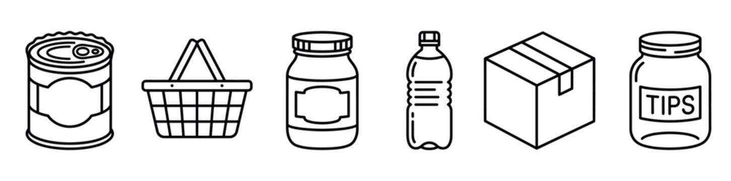 Tin can shopping basket jar water bottle box and tips jar icons set for grocery store donation and retail business concepts in minimalist black line art style
