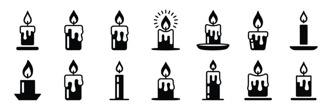 Christmas Holiday Candle Flame Silhouette Icons with Festive Light and Seasonal Decoration Symbols 