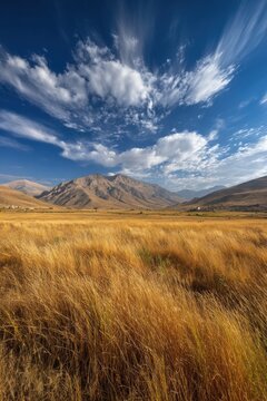 Golden grassland landscape under a dramatic sky in the Zagros Mountains