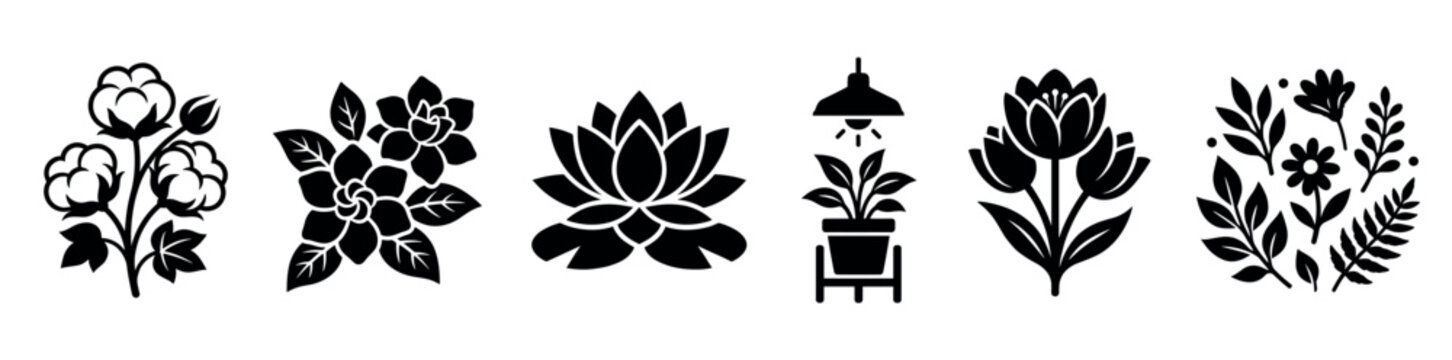 Black floral plant icons including cotton lotus tulips jasmine and a potted plant under a grow light for botanical design and gardening concepts