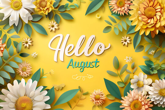 Floral greeting with hello august on yellow background