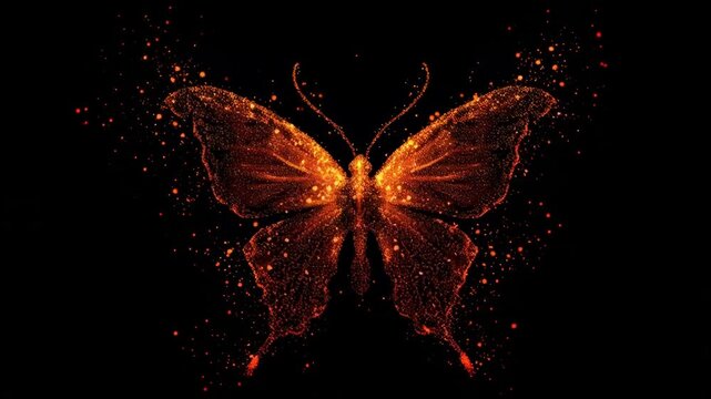 Luminous Butterfly with Fiery Wings and Sparkling Particles on Black Background.