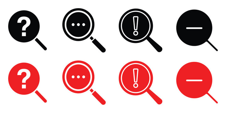 Magnifying glass question mark, dots, exclamation