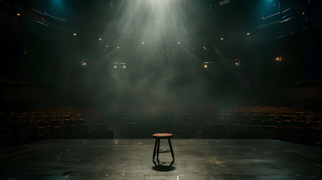 Empty theater stage with spotlight on wooden stool in dimly lit auditorium