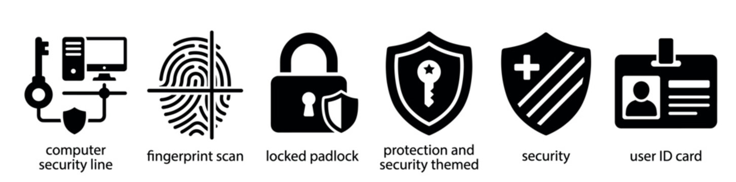 Computer security and data protection icons including fingerprint scan, locked padlock, shield with key, user ID card, and digital privacy symbols for web design