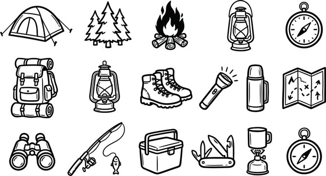 Camping and hiking icons and symbols for outdoor activities and adventure travel