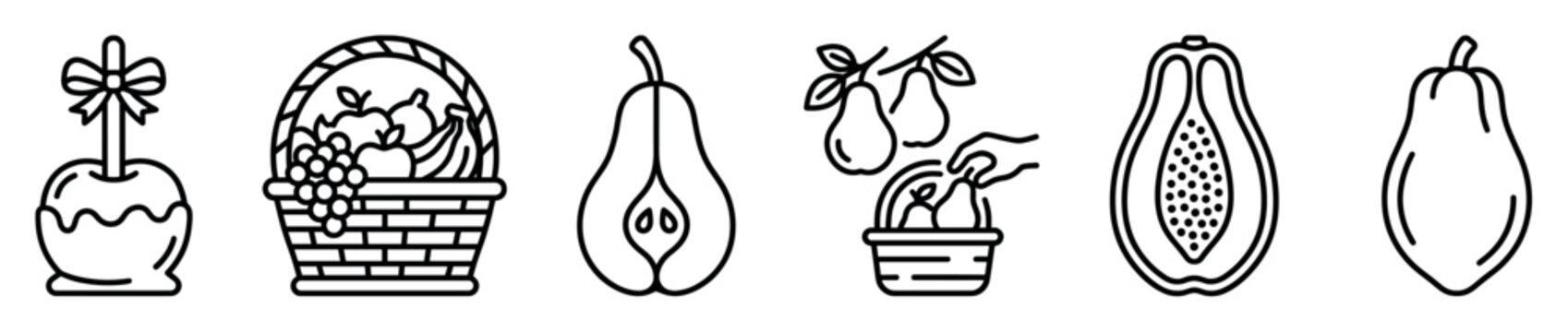 Fruit icons set including candy apple, fruit basket, pear, pear picking, and papaya half and whole in a minimalist black line art style for graphic design and web interface