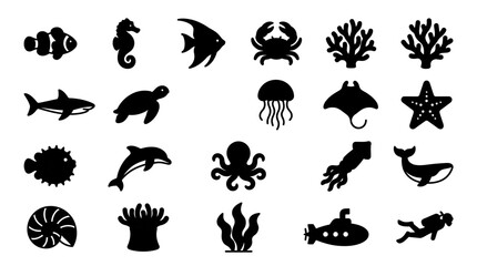 black silhouettes of various sea creatures and ocean objects on white background © Afia