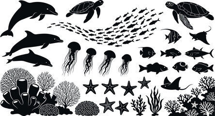 Black silhouettes of various ocean animals and plants on white background © Afia