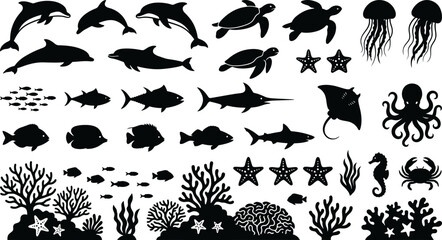 Collection of ocean marine life silhouettes including fish coral and sea creatures on white background © Afia