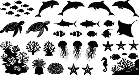 Black silhouettes of various sea creatures and coral reefs on white background © Afia