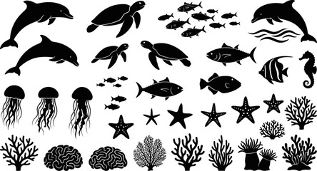 Black silhouettes of various ocean animals and plants on white background © Afia