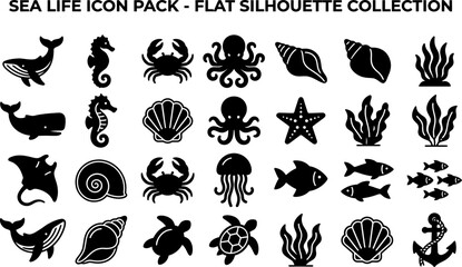 sea life icons flat silhouettes collection with various ocean animals and objects © Afia