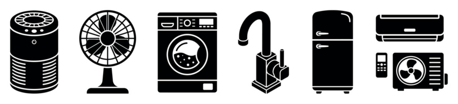 Household appliances icons set including air purifier, electric fan, washing machine, water faucet, refrigerator, and air conditioner units for smart home technology and domestic utility