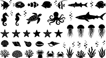 Black silhouettes of various ocean marine life and underwater elements on white background © Afia