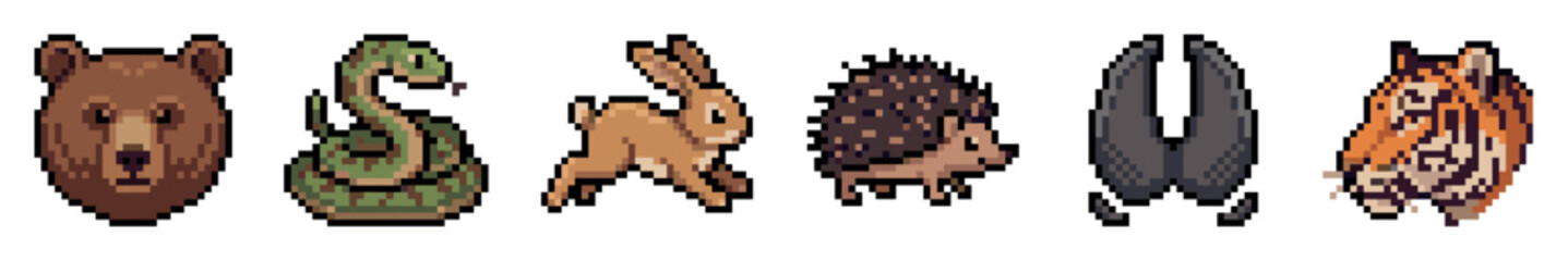 Fototapeta premium Pixel art animal icons including bear snake rabbit hedgehog hoof print and tiger head set in a retro 8-bit gaming style for digital interface design and game development assets
