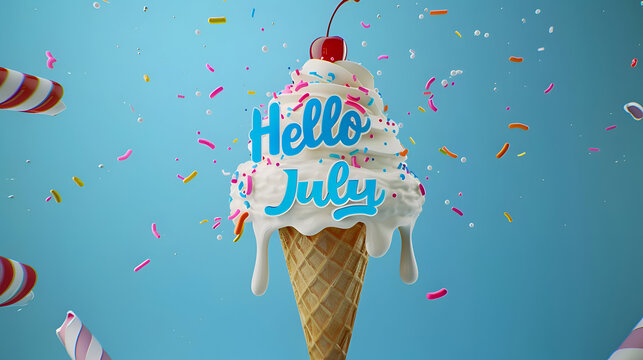Hello july ice cream cone with sprinkles and cherry on blue background