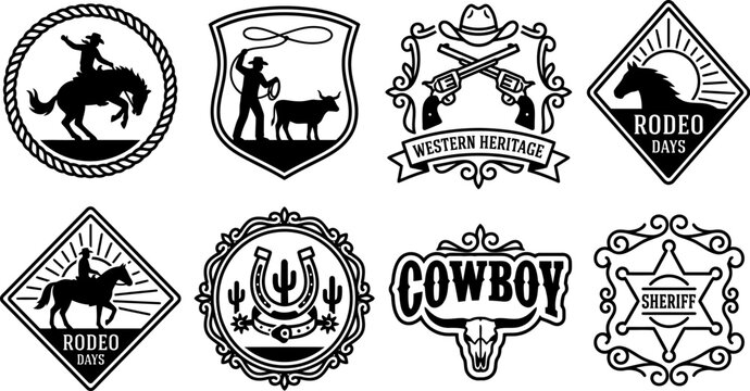 Set of western themed logos and badges with cowboy and rodeo elements and symbols