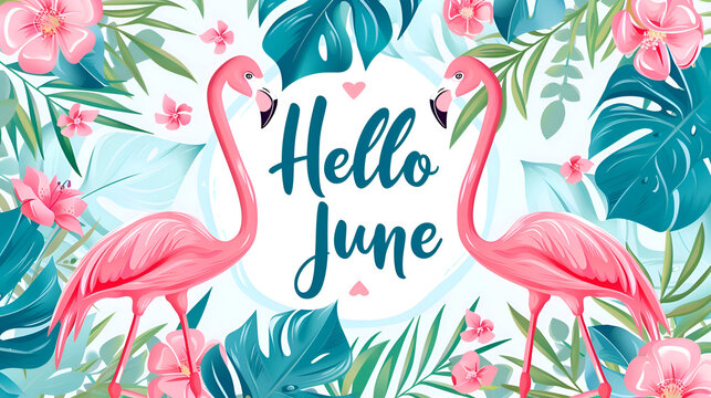 Tropical flamingos amid lush foliage and flowers with hello june message
