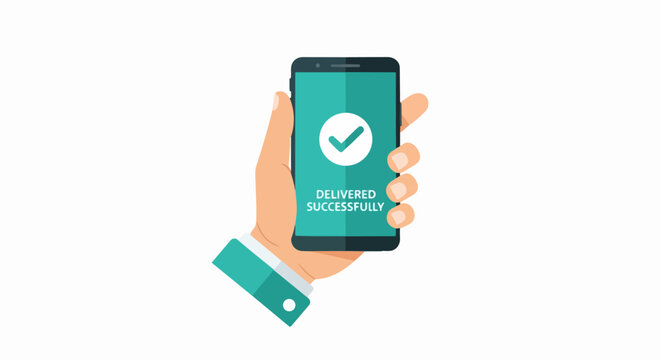 Hand Holding Smartphone with Successful Delivery Notification on Screen - Vector Illustration of Order Completion and Logistics Confirmation