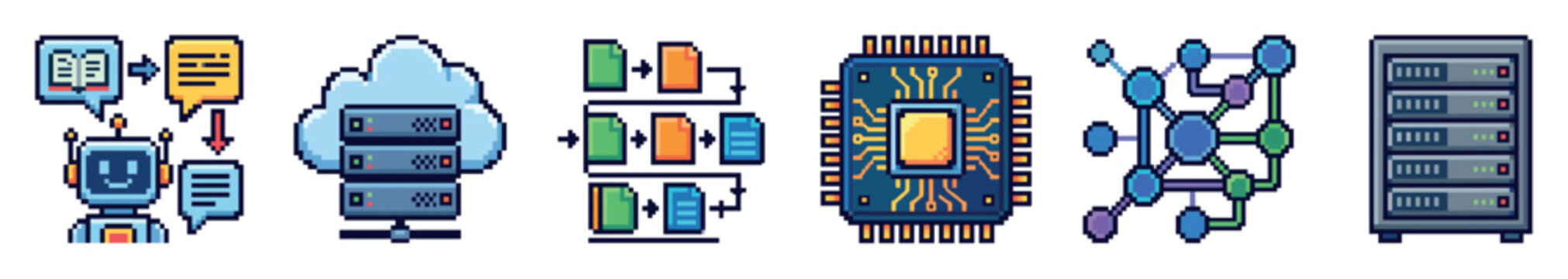 Pixel art icons for artificial intelligence technology including a robot chatbot, cloud server storage, data processing workflow, computer microchip, neural network graph, and server rack