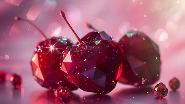 Geometric sparkling cherries with diamond facets in soft focus