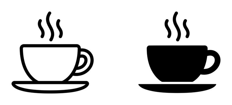 Hot Coffee Cup Icons, Black and White Line Art, Steaming Beverage Vector Set