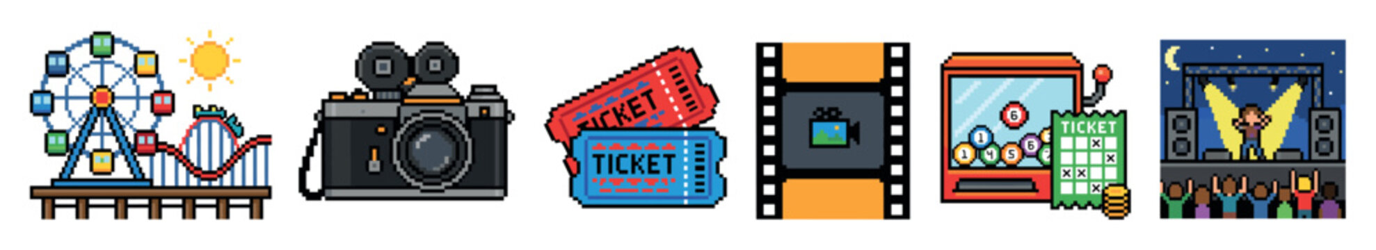Pixel art entertainment icons set featuring amusement park camera tickets film strip bingo machine and concert stage for retro gaming and multimedia design projects