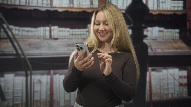 Woman holding smartphone, tapping screen while smiling amid tall shelves of bound books in a library building; casual happiness.