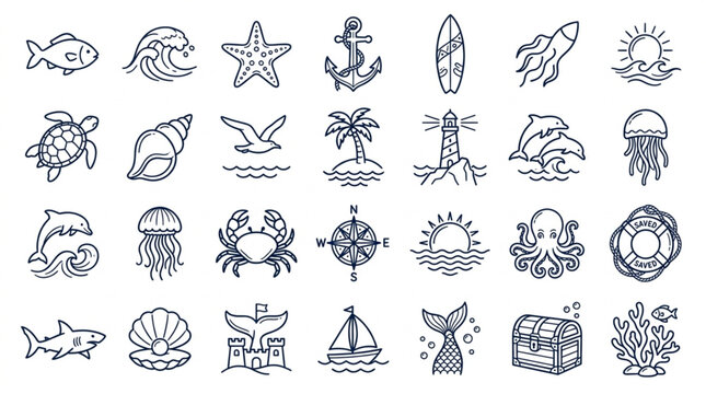 Create 25 unique ocean-themed party symbols, fish, wave, shell, starfish, anchor, surfboard, clean vector outline collection. white bg 

