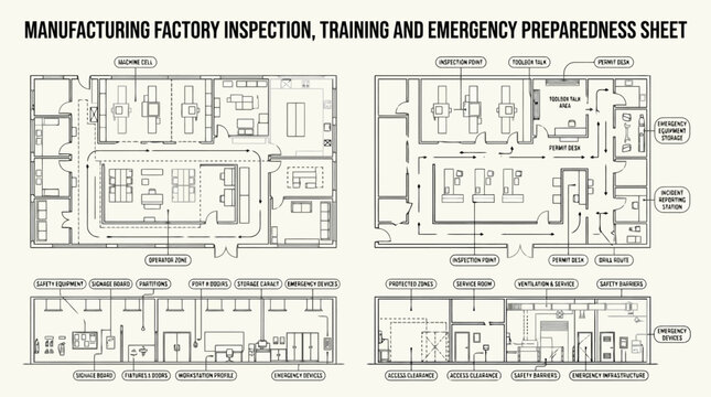 Manufacturing Factory Inspection Training and Emergency Preparedness Sheet Vector for Industrial Safety, Facility Management & Workplace Compliance (EPS)