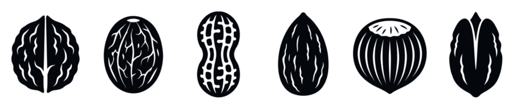Nut icons including walnut, peanut, almond, hazelnut, pecan, and nutmeg represented in a minimalist black silhouette style for food packaging or menu design