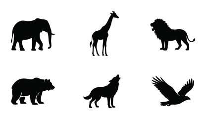 Obraz premium African Wildlife Silhouettes: Elephant, Giraffe, Lion, Bear, Wolf, Eagle Icons Set